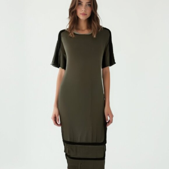 NWT Paraphrase Green Sheath Midi Dress Crew Neck Short Sleeve M - Picture 1 of 10